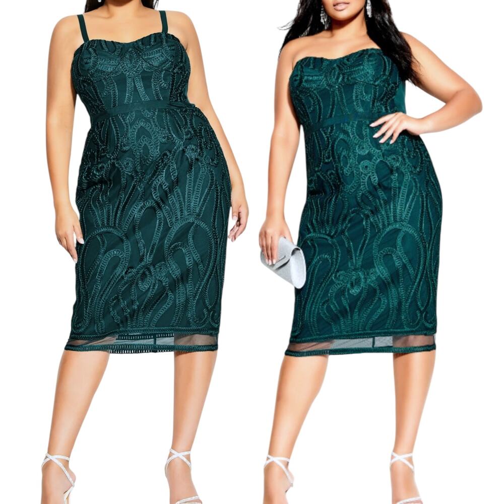 NWT City Chic Antonia Emerald Green Lace Pencil Dress size 16 Detachable straps